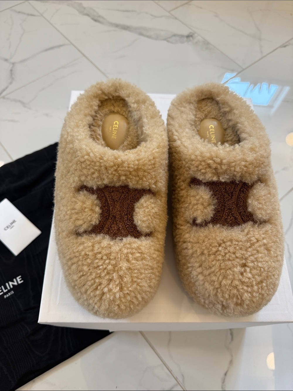 Celine Shearling Logo Clogs in Beige and Brown